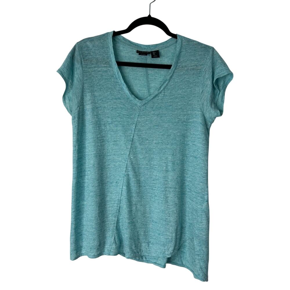Tahari Top Size L Teal Blue Linen V-neck Lagenlook Beachy Asymmetrical T-shirt